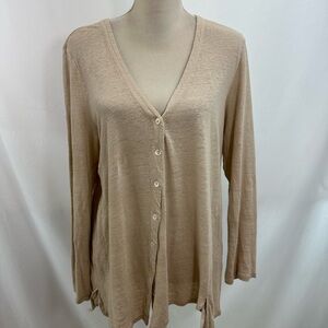 J.Jill Love Linen Tan V Neck Button Up Ringer Size Large